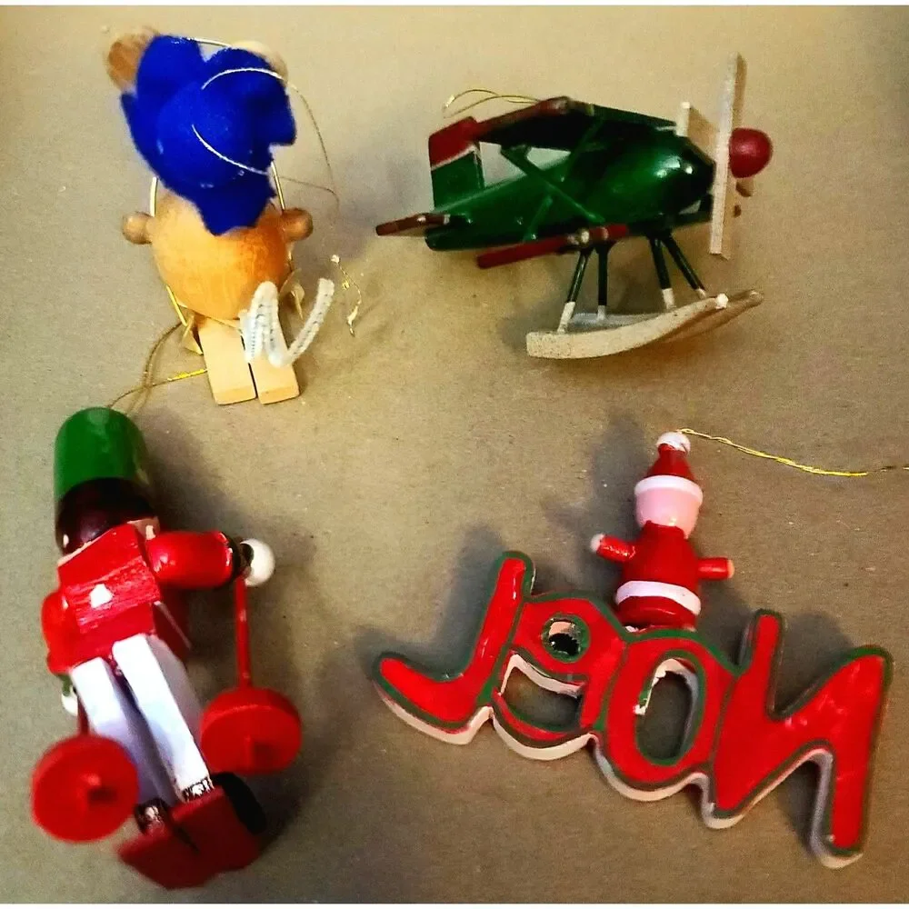 Vintage Lot of 4 Wooden: Plane,‎ Noel, Soldier, Mouse Ornaments Figurines